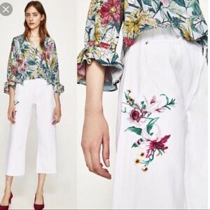 ZARA‎ White Culotte Gauchos Flare Leg Crop Jeans Floral Embroidered White